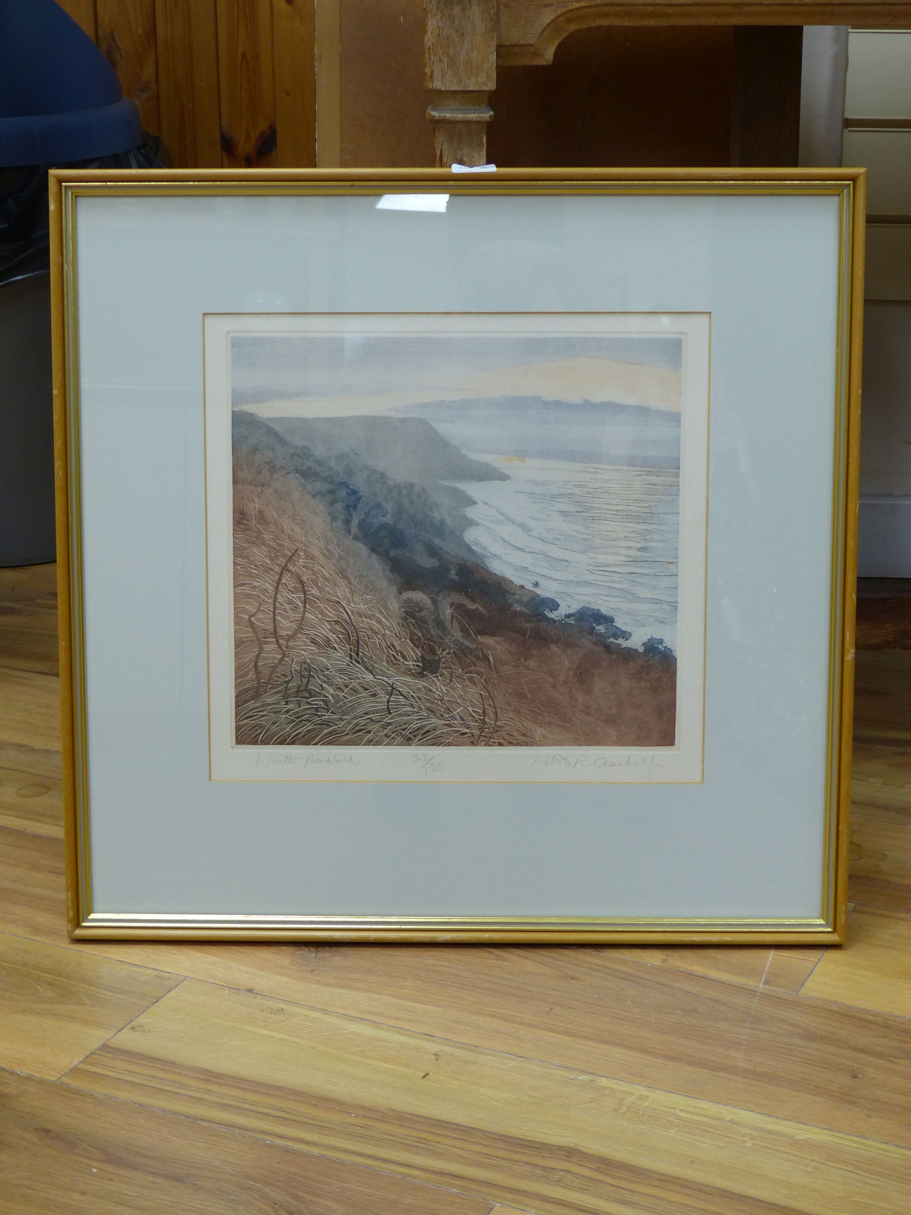 Robert R. Greenhalf (b. 1950), aquatint, 'Winter headland', signed in pencil, 28/150, 29 x 32cm